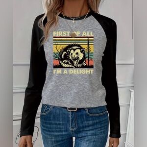 Funny Possum Graphic Raglan Tee “First of All I’m a Delight” Gray Black